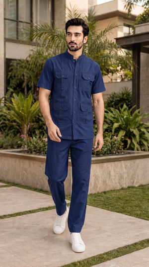 Royal Navy Blue Men's Safari Co-ord Set