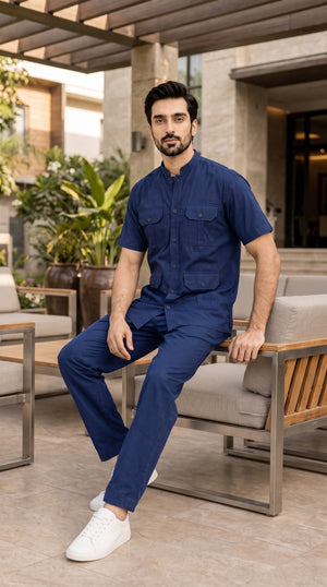 Royal Navy Blue Men's Safari Co-ord Set