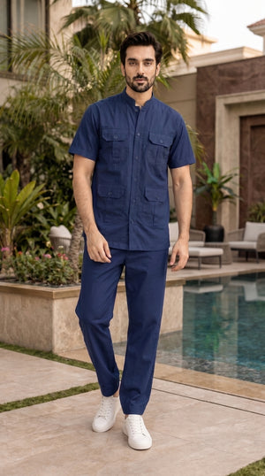 Royal Navy Blue Men's Safari Co-ord Set